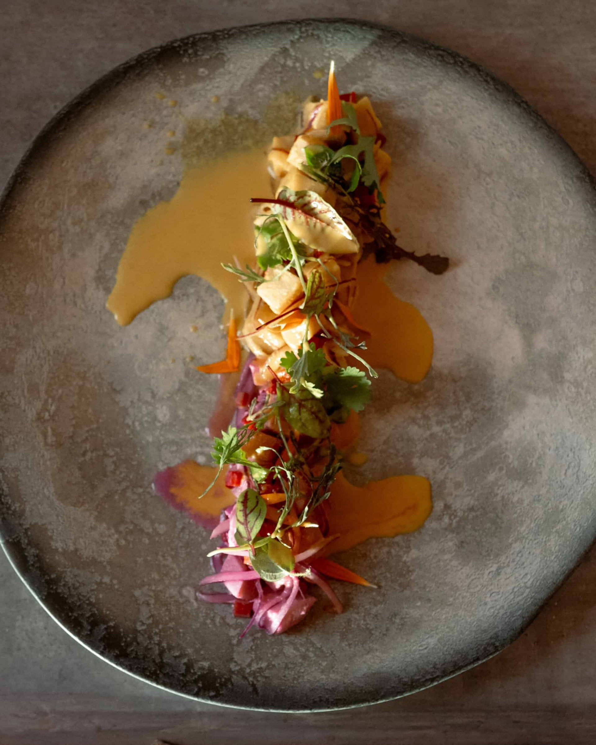 Plato gastronómico de verduras y salsa en el restaurante Almas de Our Habitas Atacama 